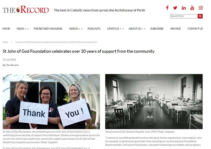 Screengrab of The Record's reporting on St Joh of God Foundation's 30th year