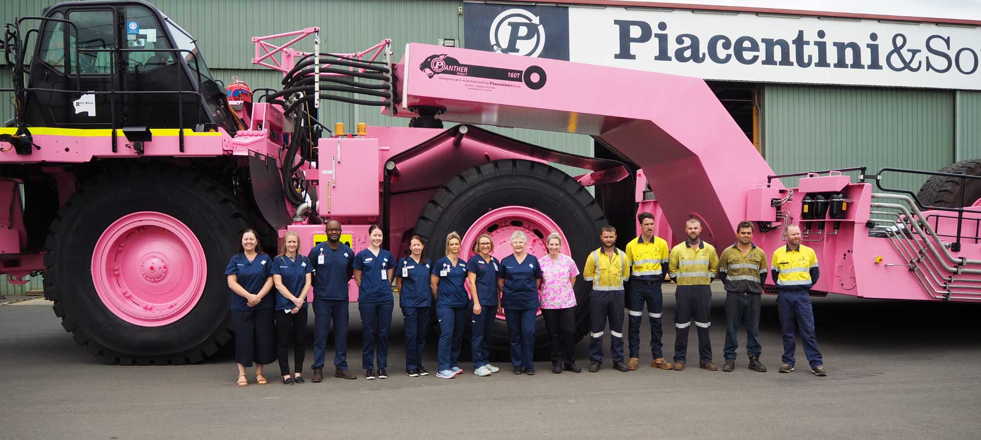 St John of God Bunbury Hospital caregivers and Piacentini & Son staff posing with the ‘Pink Panther’