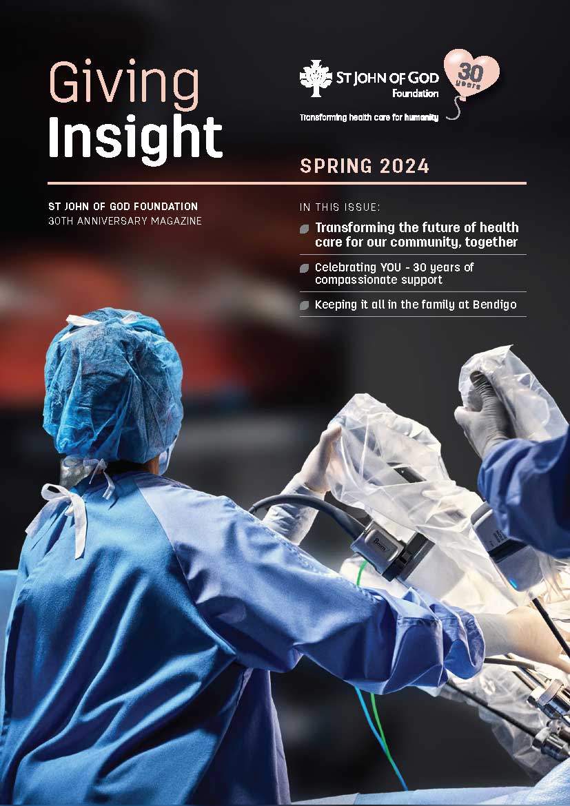 Giving Insight Spring 2024 magazine cover showing a surgeon in scrubs working with surgical equipment