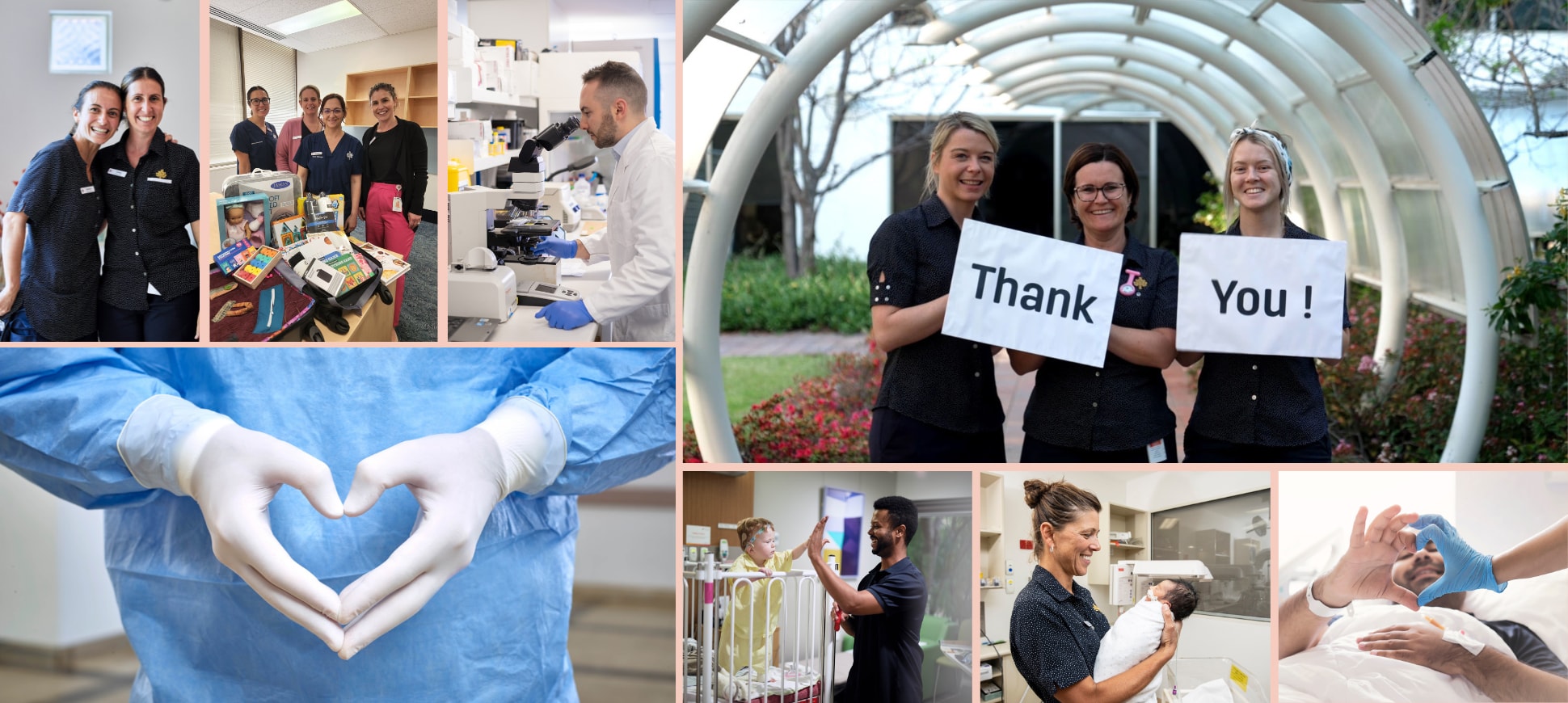 A collage of photos featuring caregivers smiling with donations, interacting with patients and holding up a thank you sign.