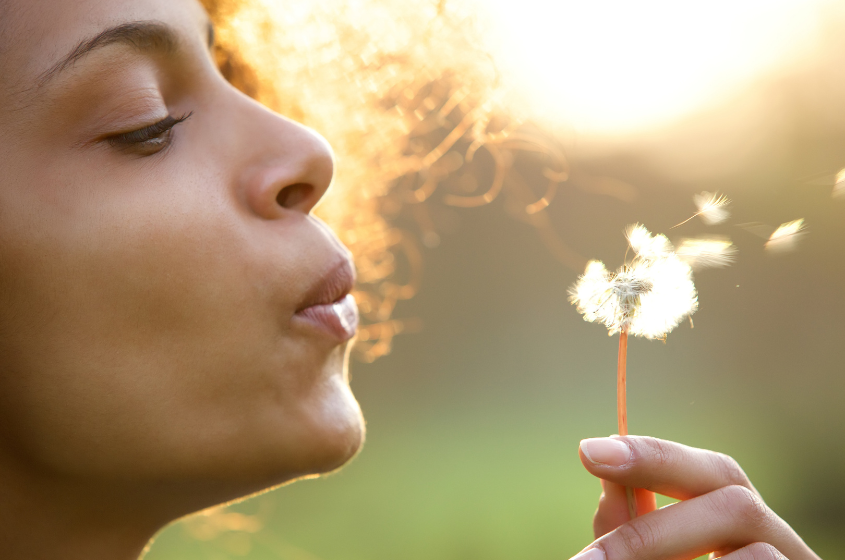 Close up of woman's face, woman is gently blowing air onto a dandelion so the pollen flies into the air